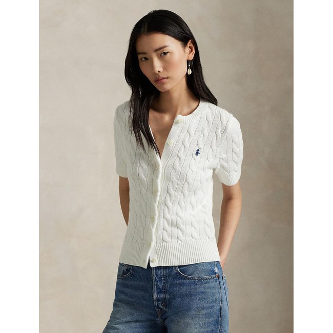 Cardigan manches courtes, en maille torsadée blanc <span itemprop=