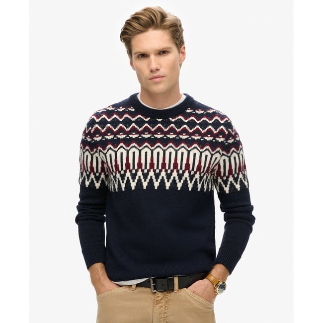 Pull ras-du-cou jacquard bleu marine multi <span itemprop=