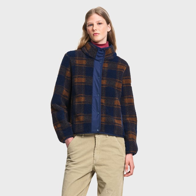 Polaire sherpa jacquard à carreaux doublure nylon bleu marine <span itemprop=
