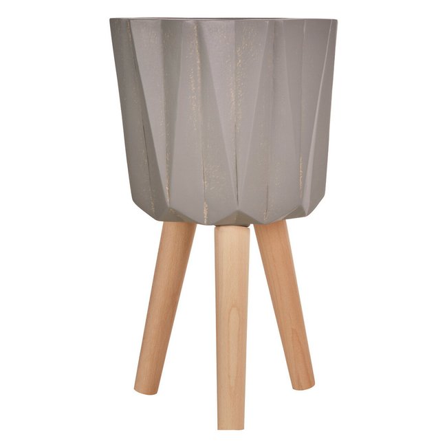51cm Multi-Faceted Planter in Grey Finish with Beech Wood Legs, grey, SO'HOME