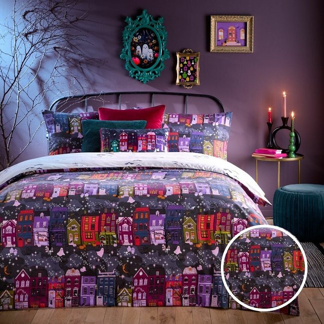 Creepy Town Reversible Duvet Cover and Pillowcase Set, charcoal, FURN.