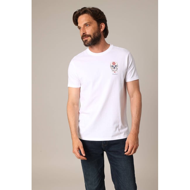 T-shirt imprimé tête de mort et mandala en 100% coton MANDOU blanc <span itemprop=