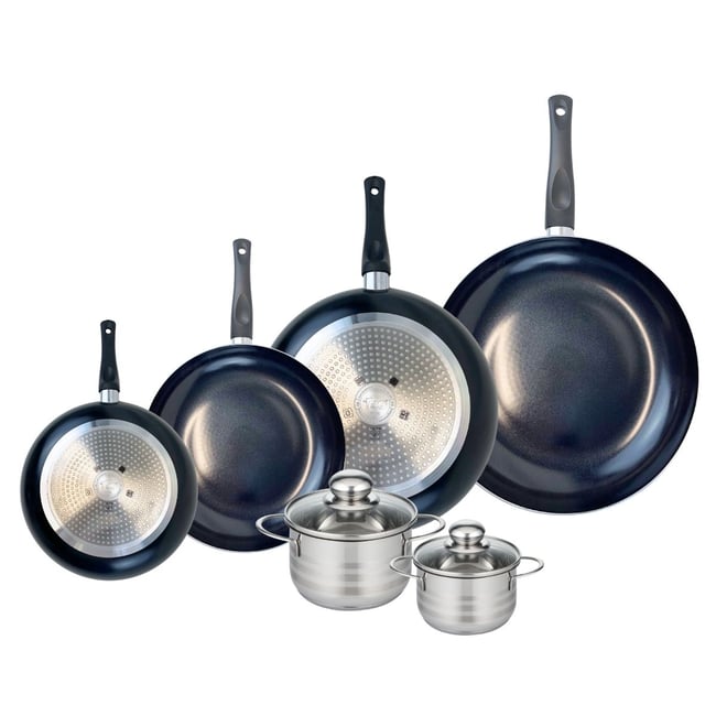 4 poêles 20/24/28/32cm + 2 faitouts 12/14cm PRIMA BRILLANT noir <span itemprop=