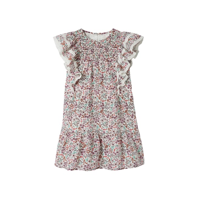 Robe motifs fleurs de cerisier manches volantées écru <span itemprop=