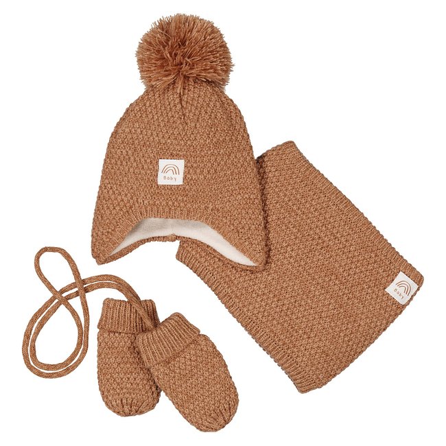 Conjunto gorro + gola snood + luvas bege <span itemprop=