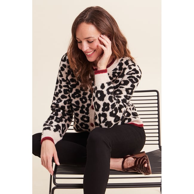 Gilet jacquard col rond manches longues marron <span itemprop=