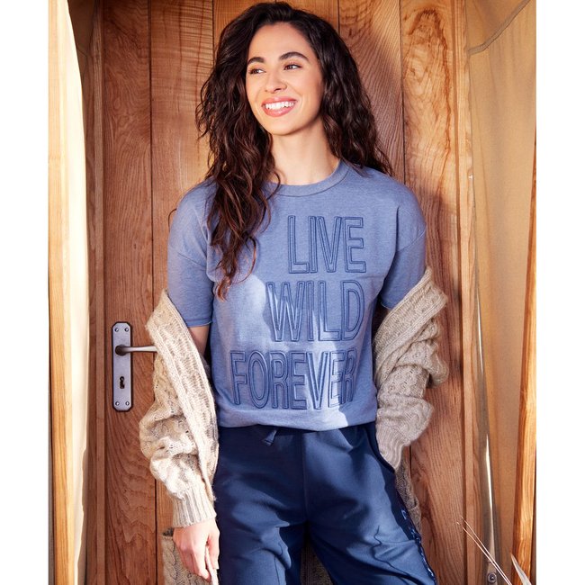 T shirt court sloe joes classique slogan quot live wild forever quot bleu Joe