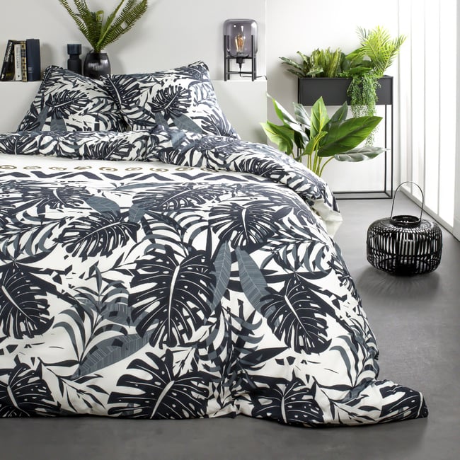 Parure de lit coton 2 personnes imprimé jungle SUNSHINE blanc <span itemprop=