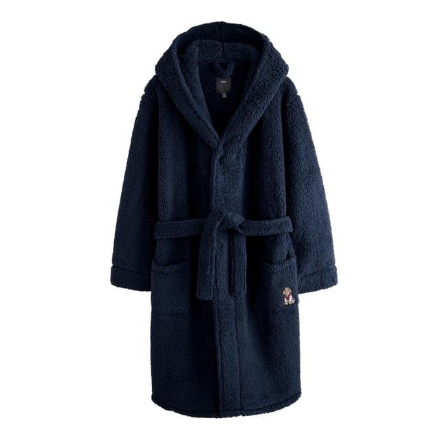 Robe de chambre en peau lainée bleu marine brodé <span itemprop=