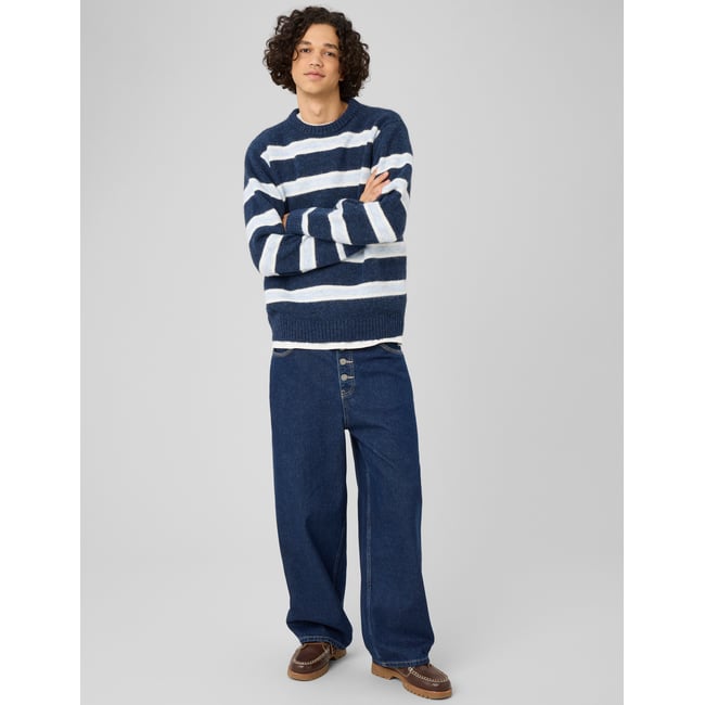 Pull rayé col rond bleu foncé <span itemprop=