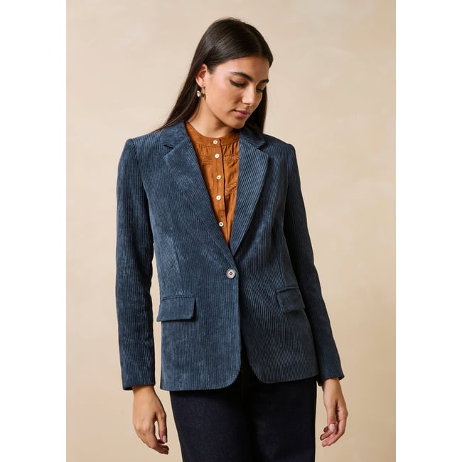 Veste tailleur en velours manches longues bleu acier <span itemprop=