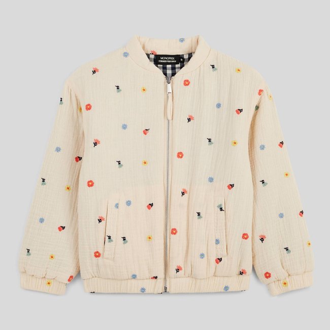 Cardigan brodé à zip en gaze de coton BIO amaretti <span itemprop=