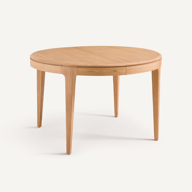 Table ronde extensible chêne massif et plaqué, 4/8 couverts, SANARA Couleur chêne naturel <span itemprop=