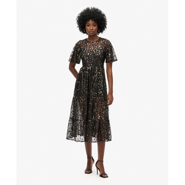 Robe mi-longue en maille filet à volants Volume gris poussière stadium <span itemprop=