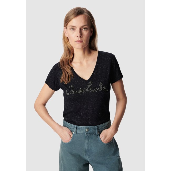 Tee-shirt col V visuel sérigraphie marine foncé <span itemprop=