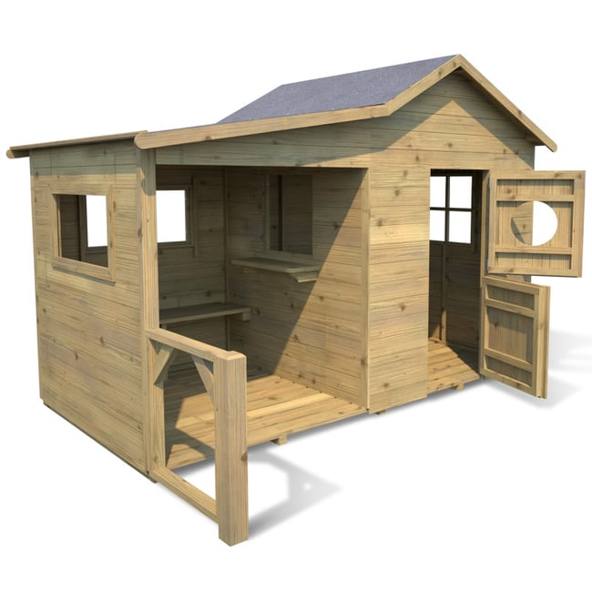 Cabane en bois enfant avec préau HACIENDA marron <span itemprop=