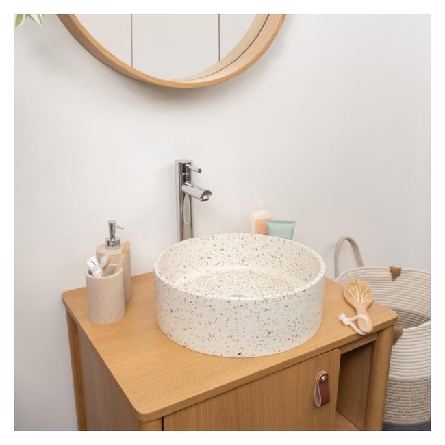 Vasque à poser ronde en terrazzo 36cm ADALA Couleur beige <span itemprop=