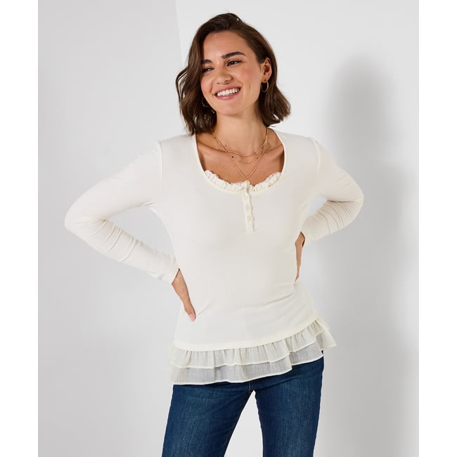Henley en Jersey Côtelé à Volant Esme beige <span itemprop=