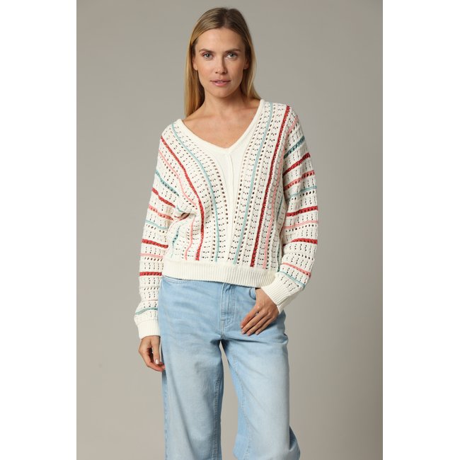 Pull en maille ajourée avec col v MADJI pink <span itemprop=