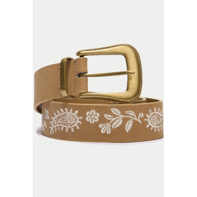Ceinture large aspect daim broderie beige <span itemprop=