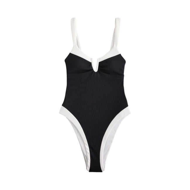 Maillot de bain à détail en u effet gainant pointes noires/crème <span itemprop=