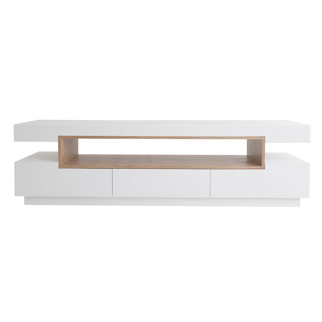 Meuble TV design blanc laqué brillant et bois L200 cm LIVO Couleur blanc <span itemprop=