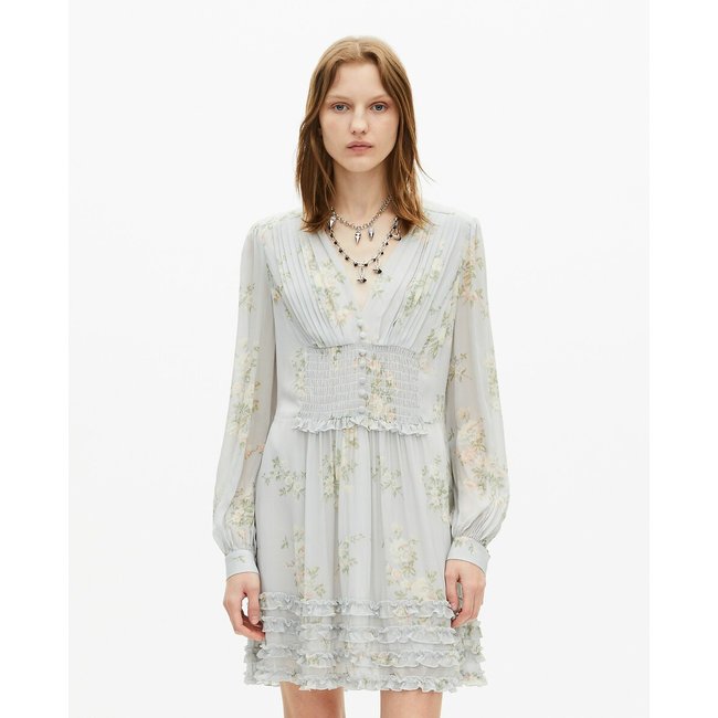 Vestido corto estampado con escote de pico y manga larga azul claro <span itemprop=