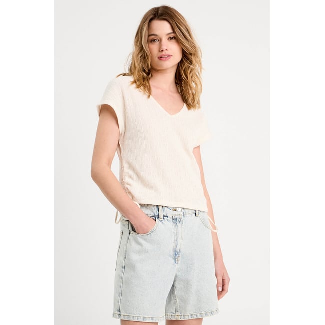 T-shirt ajouré détails cordons ecru <span itemprop=