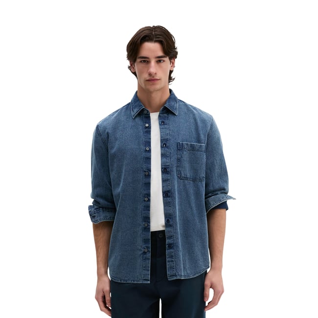 Chemise en jean coupe classique en pur coton bio bleu <span itemprop=