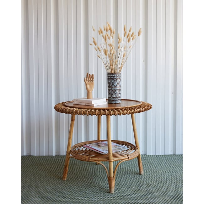 Table basse en rotin italien Léonie N°1576 - Bon état Couleur bois clair <span itemprop=