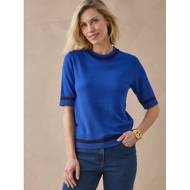 Pull col rond manches courtes bleu <span itemprop=