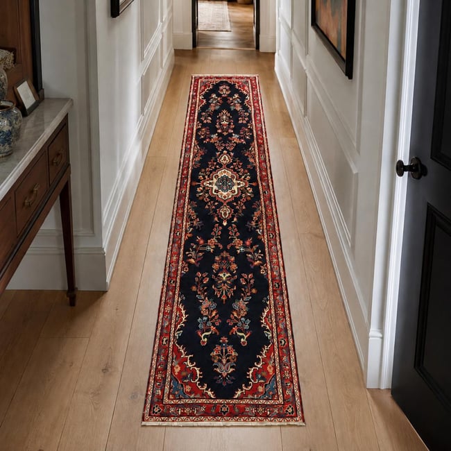 Tapis d'orient, motif oriental en laine naturelle, HAMADAN 181 Couleur rouge, beige, bleu <span itemprop=