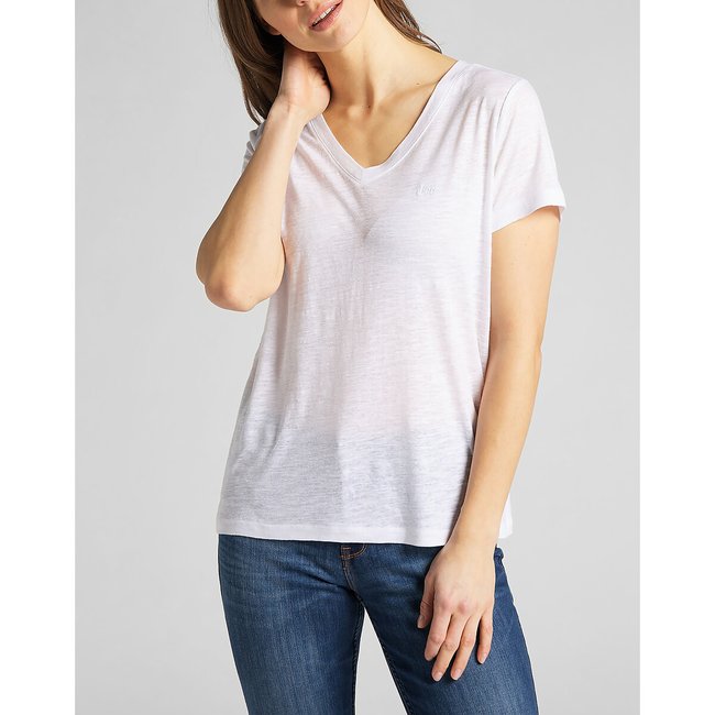 Camiseta de manga corta, con cuello de pico blanco <span itemprop=