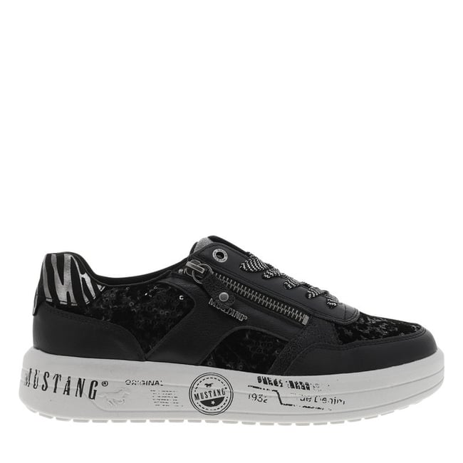 Baskets running noir à talon plat pourvues de lacets plats et d'un zip latéral noir <span itemprop=