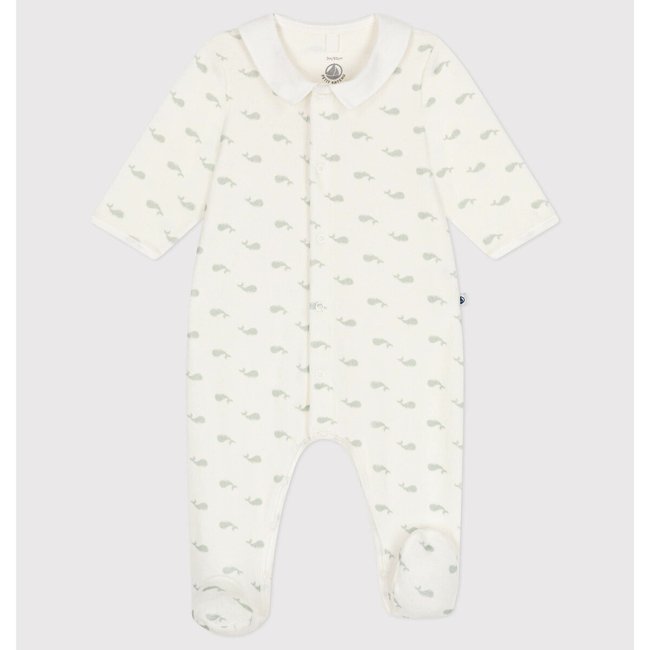 Velour Sleepsuit, white/green, PETIT BATEAU