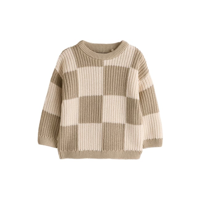 Pull ras du cou en maille damier neutre <span itemprop=