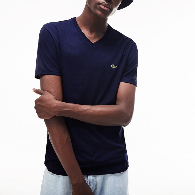 T-shirt de decote em V, em jersey de algodão marinho <span itemprop=