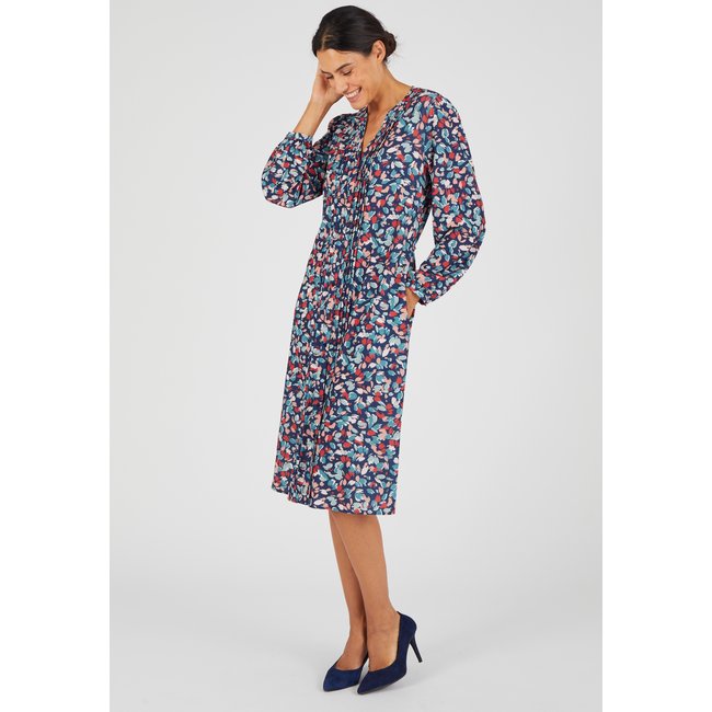 Robe boutonnée crêpe reliéfé bleu marine imp. <span itemprop=