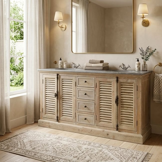 Meuble de salle de bain double vasque en bois et pierre L177 - HANOÏ Couleur bois foncé <span itemprop=