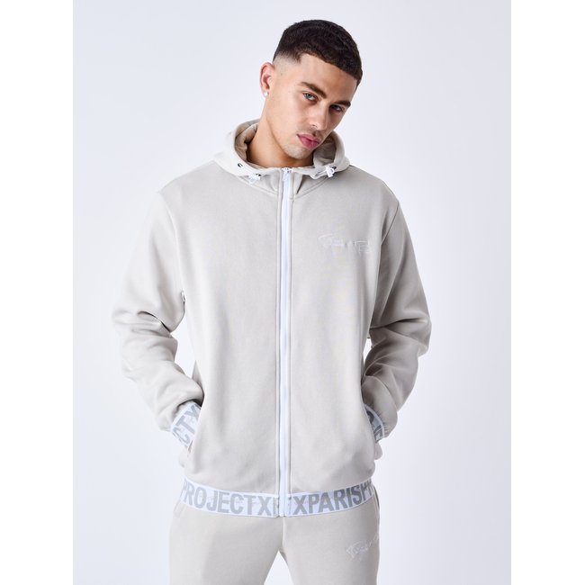 Sweat à Capuche zippé Bande élastique logotée greige <span itemprop=