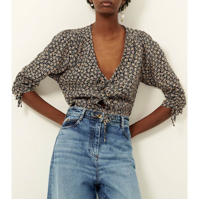 Lazna Printed Blouse with 3/4 Length Tie Sleeves, blue print, SESSUN