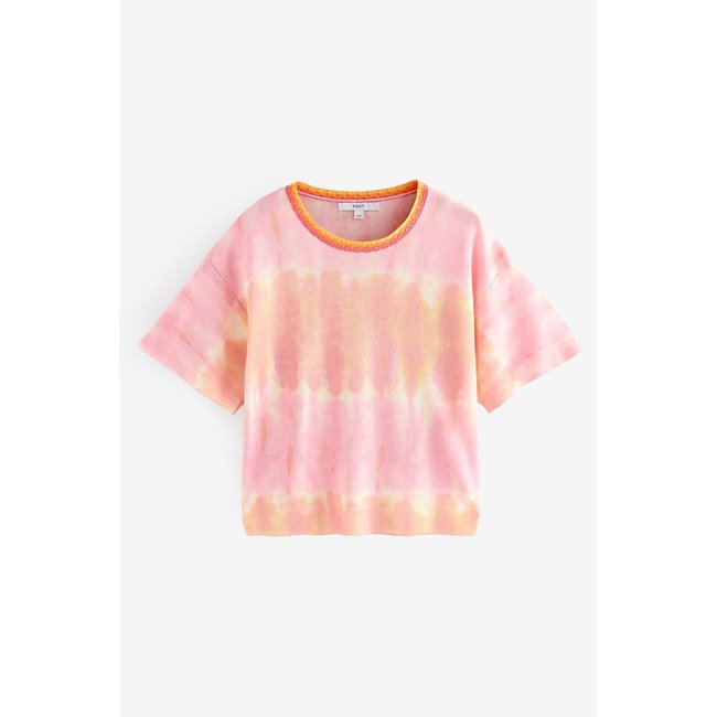 T-shirt ras du cou à manches courtes avec lin teinture cravate rose <span itemprop=