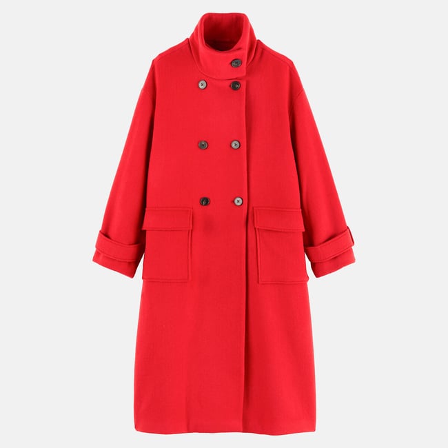 Abrigo de lana con cuello alto y doble botonadura rojo <span itemprop=