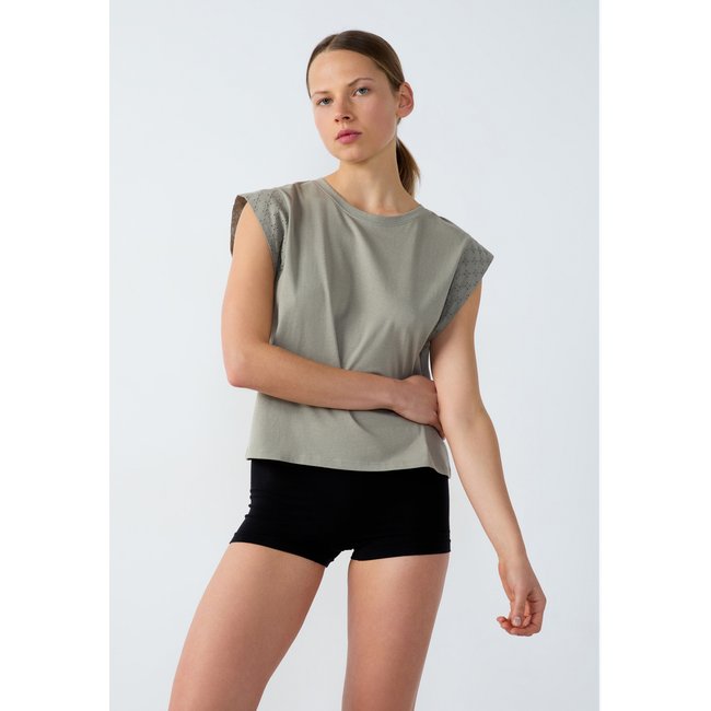 T-shirt de pyjama en coton détail broderie IDER kaki <span itemprop=