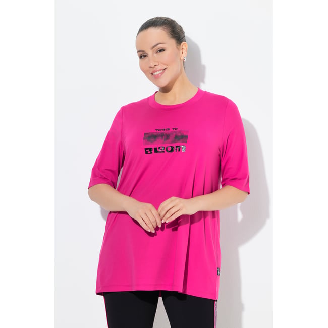 T-shirt long technique à col rond et manches bruyère clair <span itemprop=