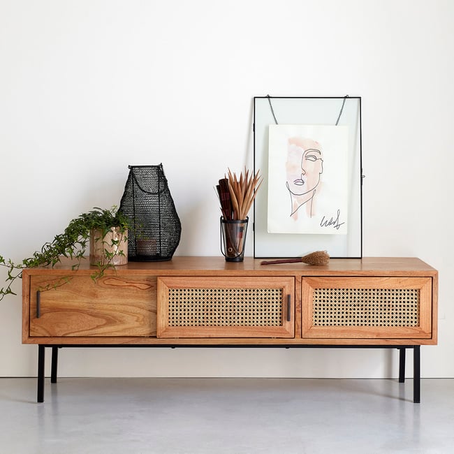 Meuble TV en bois massif et cannage 140  AUBIN Couleur naturel <span itemprop=