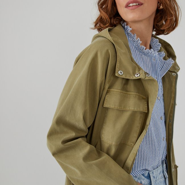 Cotton long hooded parka with press stud fastening light khaki green La Redoute Collections La Redoute