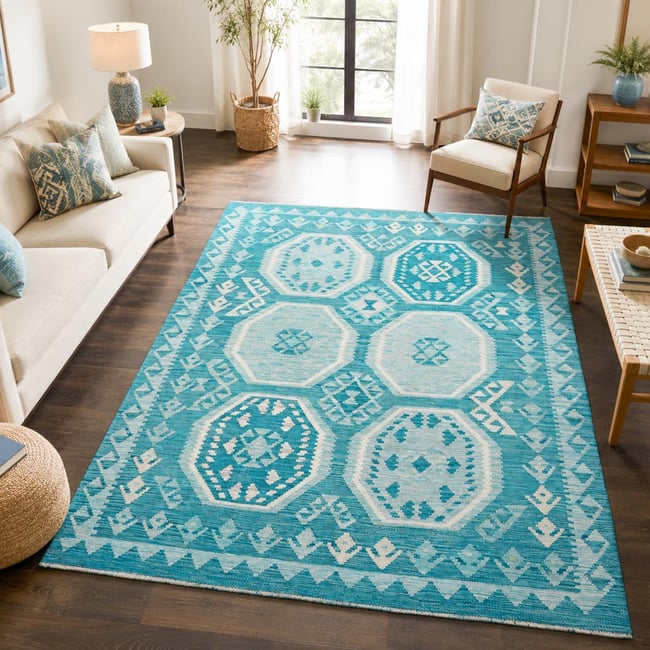 Tapis kilim, motif géométrique authentique, tissage plat en laine Couleur bleu, blanc <span itemprop=