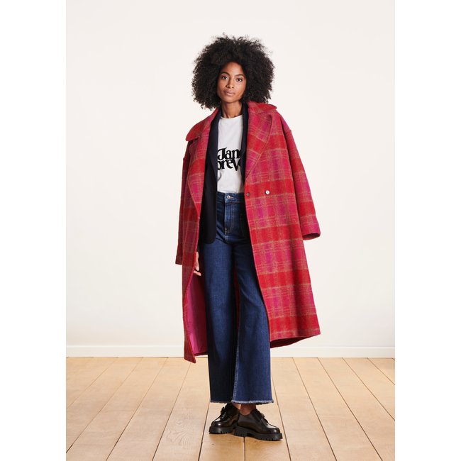 Manteau long rouge/rose <span itemprop=