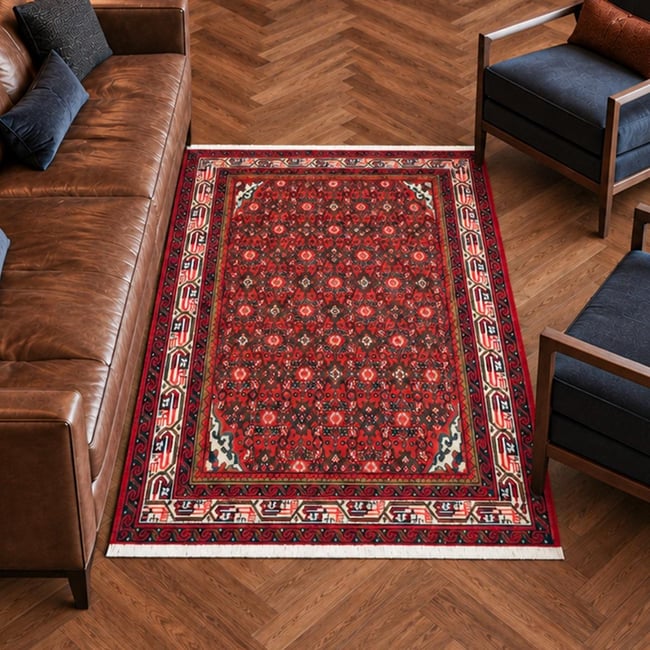 Tapis d'orient au motif oriental, noué main en laine, HAMADAN 43 Couleur rouge, bleu, crème <span itemprop=
